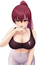Rule 34 | 1girl, :o, absurdres, bare shoulders, black sports bra, breasts, cleavage, collarbone, gluteal fold, grey pants, hand up, heterochromia, highres, hololive, houshou marine, laimer, large breasts, leaning forward, looking at viewer, open mouth, pants, ponytail, red eyes, red hair, simple background, solo, sports bra, sweat, teeth, upper teeth only, virtual youtuber, white background, wiping sweat, yellow eyes, yoga pants
