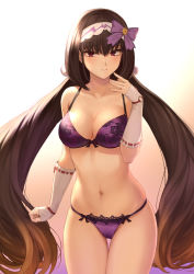 Rule 34 | 1girl, bare shoulders, black hair, blush, bra, breasts, brown hair, cleavage, collarbone, detached sleeves, fate/grand order, fate (series), gradient background, groin, hair between eyes, hair ornament, hairband, hand up, highres, lace, lace-trimmed panties, lace trim, large breasts, lingerie, long hair, looking at viewer, low twintails, mashuu (neko no oyashiro), medium breasts, navel, osakabehime (fate), panties, purple eyes, ribbon-trimmed bra, ribbon-trimmed panties, sidelocks, signature, skindentation, solo, thighs, twintails, underwear, underwear only, very long hair