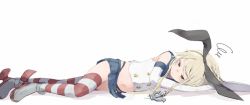 Rule 34 | 10s, 1girl, anchor hair ornament, blonde hair, elbow gloves, gloves, hair ornament, highleg, highleg panties, kantai collection, long hair, lying, makihitsuji, navel, on side, panties, shimakaze (kancolle), solo, striped background, striped clothes, striped thighhighs, thighhighs, underwear, white gloves