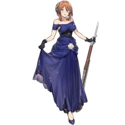 Rule 34 | 1girl, bayonet, black gloves, blue dress, breasts, brown hair, cleavage, dress, duoyuanjun, earrings, evening gown, flower, flower earrings, full body, girls&#039; frontline, gloves, green eyes, gun, hair between eyes, hair flower, hair ornament, hand on own chest, jewelry, large breasts, official alternate costume, official art, rifle, smile, solo, springfield (girls&#039; frontline), springfield (queen in radiance) (girls&#039; frontline), standing, transparent background, weapon