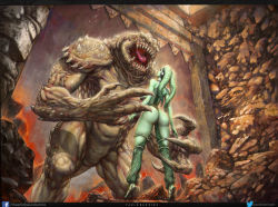 Rule 34 | 1girl, alien, artist name, ass, back, colored skin, fangs, graphite (medium), green skin, monster, oola, open mouth, paulo barrios, rancor, rock, sandals, solo, star wars, tongue, tongue out, traditional media, twi&#039;lek, watermark, web address