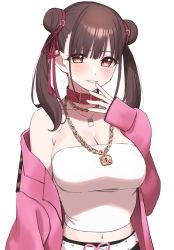 Rule 34 | 0-toki, 1girl, bare shoulders, belt, belt collar, blunt bangs, breasts, brown eyes, brown hair, chain necklace, cleavage, collar, commentary request, double bun, hair bun, hair ribbon, highres, idolmaster, idolmaster shiny colors, jacket, jewelry, large breasts, lock, long hair, looking at viewer, midriff, miniskirt, navel, necklace, off-shoulder jacket, off shoulder, padlock, pink jacket, ribbon, short twintails, skindentation, skirt, solo, sonoda chiyoko, strapless, tube top, twintails, upper body, white background, white tube top