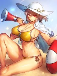 Rule 34 | &gt;:(, 1girl, alternate costume, armpits, bikini, breasts, cleavage, closed mouth, collarbone, curvy, fate/grand order, fate (series), female focus, florence nightingale (chaldea lifesavers) (fate), florence nightingale (fate), folded ponytail, frown, groin, hat, highres, huge breasts, innertube, jewelry, knee up, large breasts, light purple hair, long hair, looking at viewer, megaphone, melon22, navel, necklace, open clothes, open shirt, pink hair, ponytail, red eyes, sand, shiny skin, shirt, shirt on shoulders, side-tie bikini bottom, sideboob, sitting, solo, stomach, sun hat, swim ring, swimsuit, thighs, tsurime, underboob, v-shaped eyebrows, white hat, yellow bikini