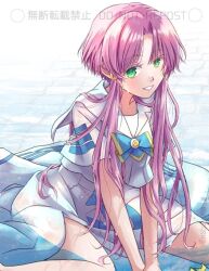 1girl aria_(manga) aria_company_uniform artist_name blue_bow blue_bowtie blush bow bowtie dress eyelashes feet_out_of_frame gold_trim green_eyes hair_tubes leaning_forward looking_at_viewer mizunashi_akari nabana_yuna parted_bangs partially_submerged pink_hair sailor_collar short_hair_with_long_locks short_sleeves side_slit sitting smile solo teeth twitter_username wariza watermark wet wet_clothes wet_dress white_dress