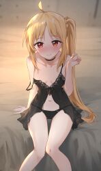 Rule 34 | 1girl, absurdres, ahoge, arm support, babydoll, bare arms, bare legs, bare shoulders, black babydoll, black choker, black panties, blonde hair, blush, bocchi the rock!, breasts, choker, closed mouth, collarbone, commentary, embarrassed, feet out of frame, feint721, hand up, highres, ijichi nijika, long hair, looking at viewer, navel, panties, red eyes, see-through, side ponytail, sitting, small breasts, smile, solo, spaghetti strap, stomach, strap slip, string panties, symbol-only commentary, thighs, underwear, underwear only, very long hair