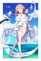 Rule 34 | 1girl, bare shoulders, bikini, breasts, brown eyes, brown hair, cleavage, cloud, collarbone, commentary request, day, dress, drink, forever 7th capital, full body, lemonpear, looking at viewer, one eye covered, small breasts, solo focus, standing, swimsuit, twintails, white bikini, white dress