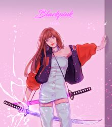 Rule 34 | 1girl, 254-nm, animification, blackpink, blue dress, blue footwear, blunt bangs, boots, brown hair, character name, commentary, copyright name, cowboy shot, dress, earrings, electricity, english commentary, hand on wall, highres, holding, holding sword, holding weapon, jacket, jewelry, k-pop, lisa (blackpink), long hair, long sleeves, looking at viewer, necklace, pink background, pink theme, real life, short dress, smile, solo, sword, thigh boots, weapon