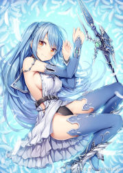 Rule 34 | 1girl, akkijin, bare shoulders, blue hair, boots, dress, feathers, high heel boots, high heels, lance, polearm, shinkai no valkyrie, sitting, solo, thighhighs, trident, underwear, weapon, white dress, yellow eyes