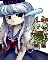 Rule 34 | 1girl, black footwear, blue dress, blue hair, blue headwear, blush stickers, bobby socks, bow, chibi, chibi inset, closed mouth, collared dress, dress, ex-keine, footwear bow, frown, green dress, green hair, green outline, highres, horn bow, horn ornament, horns, kamishirasawa keine, long hair, looking at viewer, multiple persona, neckerchief, open mouth, outline, puffy short sleeves, puffy sleeves, red bow, red eyes, red neckerchief, shoes, short sleeves, sidelocks, simple background, smile, socks, standing, teardrop, torn clothes, touhou, upper body, white background, white socks, yakumora n, zun (style)
