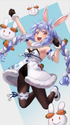 Rule 34 | 1girl, :d, animal ear fluff, animal ears, arm up, black gloves, black leotard, black pantyhose, blue hair, blush, braid, breasts, bridal garter, carrot hair ornament, clenched hand, clothing cutout, coat, coat dress, creature, detached sleeves, don-chan (usada pekora), dress, food-themed hair ornament, fur-trimmed coat, fur-trimmed gloves, fur scarf, fur trim, gloves, hair ornament, highres, hikimayu, hololive, jumping, kyou-chan, leotard, leotard under clothes, long hair, looking at viewer, looking down, mary janes, multicolored hair, open mouth, orange eyes, pantyhose, pekomon (usada pekora), playboy bunny, puffy short sleeves, puffy sleeves, rabbit, rabbit-shaped pupils, rabbit ears, scarf, shoes, short eyebrows, short sleeves, small breasts, smile, solo, strapless, strapless coat, strapless dress, strapless leotard, swept bangs, symbol-shaped pupils, teeth, thick eyebrows, twin braids, twintails, two-tone hair, underboob cutout, upper teeth only, usada pekora, usada pekora (1st costume), virtual youtuber, white coat, white footwear, white hair, white scarf, white sleeves