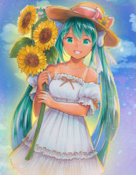Rule 34 | 1girl, :d, absurdres, blue sky, bow, cloud, collar, collarbone, cowboy shot, day, detached sleeves, dress, flower, green eyes, green hair, grin, hair between eyes, hair bow, hat, hat flower, hat ribbon, hatsune miku, highres, holding, holding flower, long hair, looking at viewer, mayo riyo, mini person, minigirl, open mouth, outdoors, ribbon, ribbon-trimmed dress, ribbon-trimmed sleeves, ribbon trim, sky, sleeveless, sleeveless dress, smile, solo, standing, strapless, strapless dress, straw hat, sundress, sunflower, tan, tanline, twintails, very long hair, vocaloid, white bow, white dress, yellow flower, yellow hat