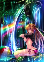 Rule 34 | 1girl, akeyama kitsune, ass, bikini, blonde hair, blush, breasts, butt crack, cleavage, closed mouth, commentary request, covering privates, covering breasts, double bun, forest, hair bun, highres, large breasts, long hair, looking to the side, lying, nature, night, original, outdoors, rainbow, red eyes, seika (akeyama kitsune), shirt, sideboob, solo, swimsuit, topfreedom, topless, twintails, water, wet