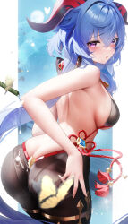 Rule 34 | 1girl, adapted costume, ahoge, alternate costume, ass, back, bare shoulders, bell, bikini, black bikini, black pantyhose, blue hair, blush, breasts, bug, butt crack, butterfly, chinese knot, fantongjun, flower knot, from behind, ganyu (genshin impact), genshin impact, goat horns, gold trim, hair between eyes, highres, horns, insect, long hair, looking at viewer, medium breasts, neck bell, pantyhose, red horns, sideboob, skindentation, solo, sweat, swimsuit, tassel, thighlet, thighs, vision (genshin impact)