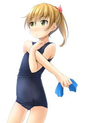Rule 34 | 1girl, blonde hair, blue one-piece swimsuit, commentary request, flat chest, gluteal fold, green eyes, highres, long hair, looking to the side, old school swimsuit, one-piece swimsuit, original, ponytail, ribbon, school swimsuit, shibacha, simple background, solo, standing, stretching, unworn swim cap, swimsuit, white background