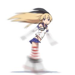 Rule 34 | 10s, 1girl, :d, animated, animated gif, blonde hair, blue eyes, boots, dress, elbow gloves, full body, gloves, hair ribbon, highleg, ikesin, ikezawa shin, kantai collection, long hair, lowres, microskirt, motion blur, open mouth, panties, personification, ribbon, running, sailor dress, school uniform, serafuku, shimakaze (kancolle), skirt, smile, solo, striped clothes, striped thighhighs, thighhighs, underwear, white background