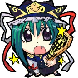 Rule 34 | 1girl, black eyes, bow, chibi, fang, female focus, foreshortening, from above, full body, green hair, hat, lowres, oekaki, open mouth, ribbon, rod of remorse, shiki eiki, shoes, simple background, skirt, socks, solo, star (symbol), touhou