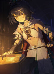 1girl bare_shoulders black_bridal_gauntlets black_hair blacksmith blush bridal_gauntlets choker closed_mouth clothing_cutout commentary cotta_(heleif) cowboy_shot dress flat_chest hair_between_eyes hair_ornament highres holding holding_sword holding_weapon honkai:_star_rail honkai_(series) indoors long_hair looking_at_object sidelocks solo standing stomach_cutout sword weapon white_dress yellow_eyes yunli_(honkai:_star_rail)