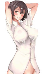 Rule 34 | 10s, 1girl, armpits, arms up, blush, breasts, brown eyes, brown hair, covered erect nipples, grin, highres, hiryuu (kancolle), huge breasts, kantai collection, long hair, looking at viewer, naked shirt, satou aji, shirt, side ponytail, simple background, smile, solo