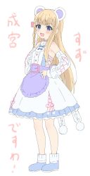 Rule 34 | 1girl, :d, animal ears, apron, bear ears, blonde hair, blue bow, blue eyes, blue footwear, blush, bow, braid, copyright request, detached sleeves, dress, fake animal ears, flat chest, full body, hairband, hands on own hips, highres, looking at viewer, open mouth, purple apron, shoes, side braid, simple background, sincos, smile, socks, solo, standing, waist apron, white background, white dress, white socks