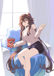 Rule 34 | 1girl, absurdres, bag of chips, bare legs, bare shoulders, black choker, black skirt, brown hair, choker, clothing cutout, commentary request, cqc no hashi neko, feet out of frame, genshin impact, highres, holding, hu tao (genshin impact), indoors, long hair, long sleeves, miniskirt, shoulder cutout, skirt, solo, sweater, thighs, twintails, very long hair, white sweater, window