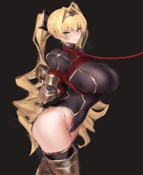Rule 34 | 1girl, arms behind back, bdsm, black background, black leotard, blonde hair, bondage, boots, bound, breasts, captured, covered erect nipples, hair intakes, hairband, highres, large breasts, leash, leotard, long hair, original, red rope, rope, sketch, thigh boots, twintails, yagi 764364