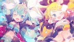Rule 34 | 2girls, ;d, aqua eyes, aqua hair, black bow, blonde hair, blue nails, blurry, bow, choker, clenched hand, commentary request, crop top, fang, hair bow, hair ornament, hairclip, hatsune miku, heart, heart hair ornament, highres, jacket, jewelry, kagamine rin, kneehighs, long hair, long sleeves, looking at viewer, multiple girls, nail art, nail polish, one eye closed, open clothes, open jacket, open mouth, pendant, see-through, see-through sleeves, short hair, sitting, skin fang, smile, socks, twintails, vocaloid, white bow, yumenouchi chiharu