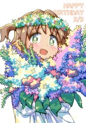Rule 34 | 1girl, :d, bouquet, brown hair, commentary, dated, diamond-shaped pupils, diamond (shape), english text, fang, flower, flower wreath, green eyes, happy birthday, highres, holding, holding bouquet, looking at viewer, nuurise2023, oka asahi, onii-chan wa oshimai!, open mouth, simple background, smile, solo, symbol-shaped pupils, white background