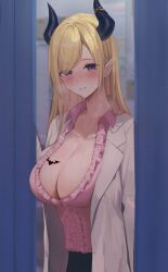 Rule 34 | 1girl, blonde hair, blue eyes, blurry, blurry background, blush, breast tattoo, breasts, cleavage, collarbone, commentary, demon girl, demon horns, doorway, frilled shirt, frills, haro art, heart, heart-shaped pupils, highres, hololive, horns, lab coat, large breasts, long hair, looking at viewer, parted lips, pink shirt, pointy ears, red pupils, revision, shirt, solo, straight hair, sweat, symbol-shaped pupils, tattoo, virtual youtuber, yuzuki choco, yuzuki choco (1st costume)