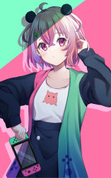 Rule 34 | 1girl, :/, absurdres, ahoge, alternate costume, animal ears, black skirt, blush, closed mouth, collarbone, commentary, cowboy shot, crossed bangs, earrings, green background, green jacket, hair between eyes, hair ornament, hairclip, hand in own hair, hand up, handheld game console, head tilt, high-waist skirt, highres, holding, holding handheld game console, jacket, jewelry, long sleeves, looking at viewer, mole, mole under eye, multicolored clothes, multicolored jacket, nijisanji, nintendo switch, open clothes, open jacket, panda ears, pink background, pink eyes, pink hair, pink jacket, sasaki saku, shikinagi, shirt, short hair, skirt, solo, t-shirt, two-tone background, two-tone jacket, virtual youtuber, white shirt