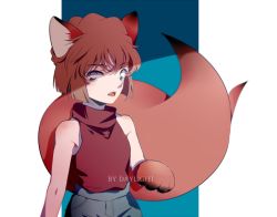 Rule 34 | 1girl, animal ears, animal hands, artist name, blue eyes, brown gloves, brown hair, daylight919, fox ears, fox tail, gloves, haibara ai, hair between eyes, highres, looking at viewer, meitantei conan, open mouth, paw gloves, red vest, short hair, solo, standing, sweater, tail, transparent background, turtleneck, turtleneck sweater, vest