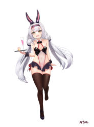 Rule 34 | 1girl, absurdres, animal ears, ayun, azur lane, black footwear, breasts, brown thighhighs, chair, covered navel, detached collar, extra eyebrows, fang, highres, holding, holding tray, leotard, long hair, looking at viewer, microskirt, official alternate costume, open mouth, playboy bunny, rabbit ears, shimakaze (azur lane), shimakaze (world&#039;s speediest bunny waitress) (azur lane), shoes, simple background, skin fang, skirt, small breasts, solo, thighhighs, tray, very long hair, white background, white hair, wrist cuffs, yellow eyes