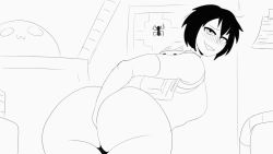 Rule 34 | 1girl, animated, animated gif, anus, ass, ass grab, backpack, bag, blush, bottomless, breasts, come hither, detnox, grabbing own ass, huge ass, large breasts, looking at viewer, looking back, marvel, monochrome, peni parker, short hair, smile, solo, spider-man: into the spider-verse, spider-man (series), spider-verse, spread ass, thighs, wide hips