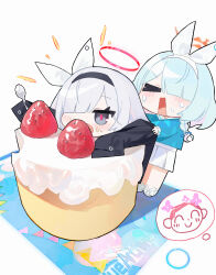 Rule 34 | 2girls, arona (blue archive), black eyes, black hairband, blue archive, blue hair, blush, cake, chibi, closed eyes, clothes grab, doodle sensei (blue archive), eating, food, food on face, fruit, grey hair, hairband, halo, highres, holding, holding spoon, measho, mini person, minigirl, multiple girls, open mouth, plana (blue archive), plate, pulling, pulling another&#039;s clothes, sensei (blue archive), simple background, spoon, strawberry, white background