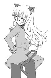 Rule 34 | 00s, 1girl, anbe masahiro, animal ears, back, cat ears, cat tail, from behind, glasses, greyscale, long hair, looking back, monochrome, panties, panties under pantyhose, pantyhose, pantyshot, perrine h. clostermann, simple background, solo, strike witches, tail, underwear, uniform, world witches series