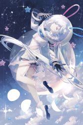 Rule 34 | 1girl, animal ears, aono 99, astronaut, cancer (constellation), constellation, gemini (constellation), heterochromia, highres, libra (constellation), moon, original, pale skin, pink eyes, pisces (constellation), purple eyes, rabbit, rabbit ears, rabbit girl, sagittarius (constellation), scorpius (constellation), see-through, sky, space, spacesuit, star (sky), star (symbol), starry sky, starry sky print, twintails, white hair