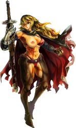 1girl abs armor artist_request belt blonde_hair boots breast_out breasts cameltoe cape detached_sleeves fingerless_gloves full_body gloves green_eyes highres holding holding_weapon huge_weapon large_breasts long_hair muscular muscular_female navel nipples panties source_request steam steam_(platform) sword tall_female the_vagrant thighhighs torn_cape torn_clothes transparent_background underwear vivian_the_vagrant weapon