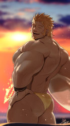 Rule 34 | 1boy, artist name, ass, bara, biceps, blonde hair, bracelet, closed eyes, cloud, cloudy sky, commentary, facial hair, feet out of frame, gomtang, halo, jacob (housamo), jewelry, large pectorals, lifebuoy, light, light rays, looking back, male focus, male swimwear, manly, mature male, muscular, muscular male, nipples, open mouth, outdoors, pectorals, short hair, signature, sky, solo, spiked hair, stubble, sun, sunlight, sunset, swim briefs, swim ring, swimsuit, symbol-only commentary, teeth, thick arms, thick eyebrows, thick thighs, thighs, tokyo houkago summoners, tongue, water, water drop, yellow male swimwear, yellow swim briefs