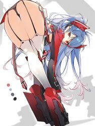 Rule 34 | 1girl, ass, azur lane, bent over, black panties, blue hair, commentary request, cross, fukuda935, garter straps, hair between eyes, head tilt, headgear, iron cross, long hair, long sleeves, looking at viewer, panties, prinz eugen (azur lane), red eyes, simple background, solo, thighhighs, two side up, underwear, very long hair, white thighhighs
