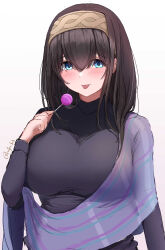 Rule 34 | 1girl, absurdres, black shirt, blue eyes, blue shawl, blush, breasts, brown hair, brown hairband, candy, food, hair between eyes, hairband, highres, holding, holding candy, holding food, holding lollipop, idolmaster, idolmaster cinderella girls, large breasts, lollipop, looking at viewer, rufei bot, sagisawa fumika, shawl, shirt, simple background, solo, tongue, tongue out, twitter username, upper body, white background