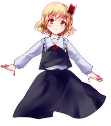 Rule 34 | 1girl, blonde hair, hair ribbon, highres, open mouth, outstretched arms, red eyes, ribbon, rumia, short hair, simple background, skirt, smile, solo, touhou, uranaishi (miraura), white background