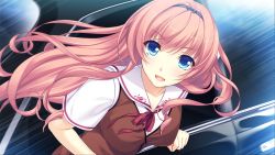 Rule 34 | 1girl, ayase hazuki, blue eyes, blush, bow, bowtie, breasts, car, game cg, kamidere, large breasts, long hair, looking at viewer, motor vehicle, open mouth, pink hair, school uniform, smile, solo, standing, vehicle