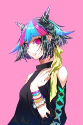 Rule 34 | 1girl, bangle, bare shoulders, bead bracelet, beads, black hair, black shirt, blue hair, bracelet, braid, breasts, clothing cutout, commentary request, danganronpa (series), danganronpa 2: goodbye despair, ear piercing, frown, hair horns, hair ornament, hand up, highres, jewelry, lip piercing, looking at viewer, mioda ibuki, multicolored hair, nail polish, necklace, nk ndr bu, open mouth, piercing, pink background, pink eyes, pink hair, plaid, school uniform, serafuku, shirt, short hair, shoulder cutout, simple background, skirt, smile, solo, thighhighs, upper body, white hair