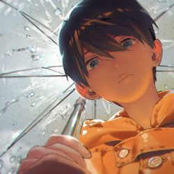 Rule 34 | 10s, 1boy, black hair, blue eyes, blurry, buttons, closed mouth, depth of field, fingernails, free!, from below, frown, hair between eyes, hana (dqkmb362), high speed!, holding, holding umbrella, looking at viewer, looking down, male focus, nanase haruka (free!), raincoat, solo, transparent, transparent umbrella, umbrella, upper body, water