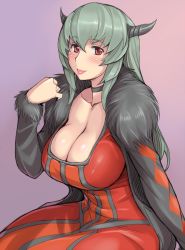 Rule 34 | 1girl, :p, aged up, arm support, blush, breasts, choker, cleavage, cosplay, demon girl, dress, fur trim, grey hair, horns, large breasts, long hair, looking at viewer, maou (maoyuu), maou (maoyuu) (cosplay), maoyuu maou yuusha, red eyes, rozen maiden, simple background, sitting, solo, suigintou, tongue, tongue out, tsuda nanafushi