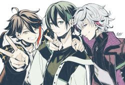 Rule 34 | 3boys, ahoge, arm around neck, black shirt, cherico, closed mouth, ear piercing, expressionless, fuwa minato, green eyes, grey hair, grin, hair between eyes, hand up, highres, hood, hooded jacket, hoodie, jacket, long sleeves, looking at viewer, male focus, mayuzumi kai, multicolored hair, multiple boys, nijisanji, open clothes, open jacket, outstretched arm, piercing, profile, purple eyes, purple jacket, reaching, reaching towards viewer, saegusa akina, shirt, short hair, sideways mouth, signature, simple background, smile, streaked hair, upper body, v, virtual youtuber, white background, white hoodie, white jacket
