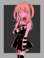 Rule 34 | 1girl, amane misa, arm warmers, bare shoulders, black background, black choker, black dress, blonde hair, blush stickers, bracelet, bright pupils, choker, closed mouth, commentary, cowboy shot, cross, cross necklace, death note, death note (object), dress, garter straps, grey background, highres, jewelry, light smile, long hair, looking at viewer, menma (enaic31), necklace, solo, spiked bracelet, spikes, striped clothes, striped thighhighs, symbol-only commentary, thighhighs, twitter username, two-tone background, two side up, white pupils, yellow eyes