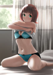Rule 34 | 1girl, absurdres, amami haruka, aqua bra, blush, bow, bow panties, bra, breasts, brown hair, cleavage, crotch seam, eyes visible through hair, green eyes, highres, idolmaster, indoors, kneeling, looking at viewer, multicolored bra, multicolored clothes, navel, on bed, open mouth, panties, pillow, shirt, short hair, small breasts, solo, tama (tamago), two-tone bra, two-tone panties, underwear, undressing, white shirt, window