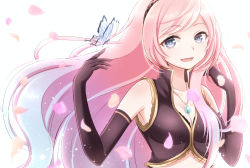 Rule 34 | 1girl, black gloves, blue eyes, breasts, bug, butterfly, cleavage, elbow gloves, gloves, gradient background, hairband, insect, jewelry, long hair, megurine luka, open mouth, pendant, petals, pink hair, smile, solo, vocaloid, yamagara