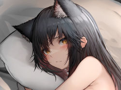 Rule 34 | 1girl, animal ear fluff, animal ears, arknights, black hair, blush, extra ears, highres, looking at viewer, lying, nude, on bed, on side, paid reward available, pillow, portrait, red hair, solo, tab head, texas (arknights), wolf ears, wolf girl, yellow eyes