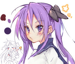 Rule 34 | 1girl, blush, color guide, from side, highres, hiiragi kagami, long hair, looking at viewer, looking to the side, lucky star, niii, portrait, puckered lips, purple eyes, purple hair, sailor collar, school uniform, serafuku, shirt, sidelocks, simple background, star (symbol), twintails, white background, white shirt